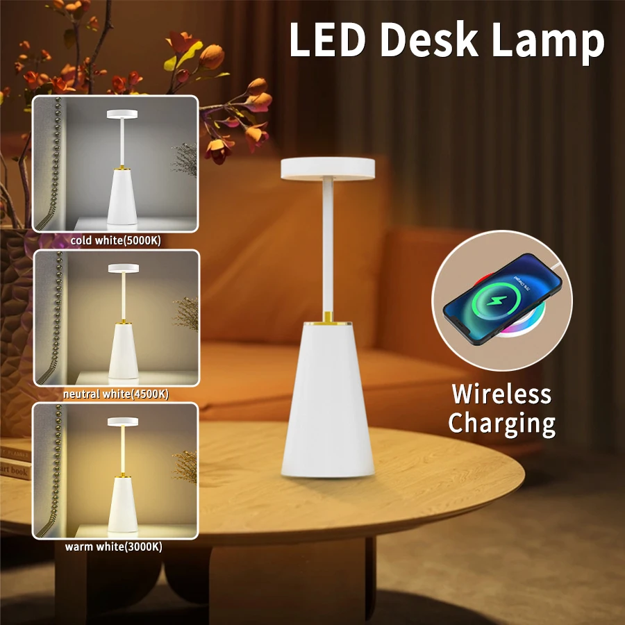 Rechargeable Metal LED Table Lamp Wireless Charging Desk Lamp Touch Sensor Bar Office Bedside Ambient Light 3 Colors Dimmable