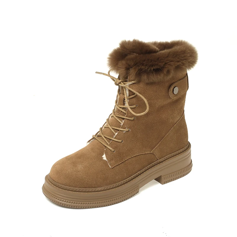 

Outdoor Casual Warm Women Ankle Boots Winter Thick Plush Snow Boots Thick Heels Cow Suede Leather Lace-Up Shoes Woman