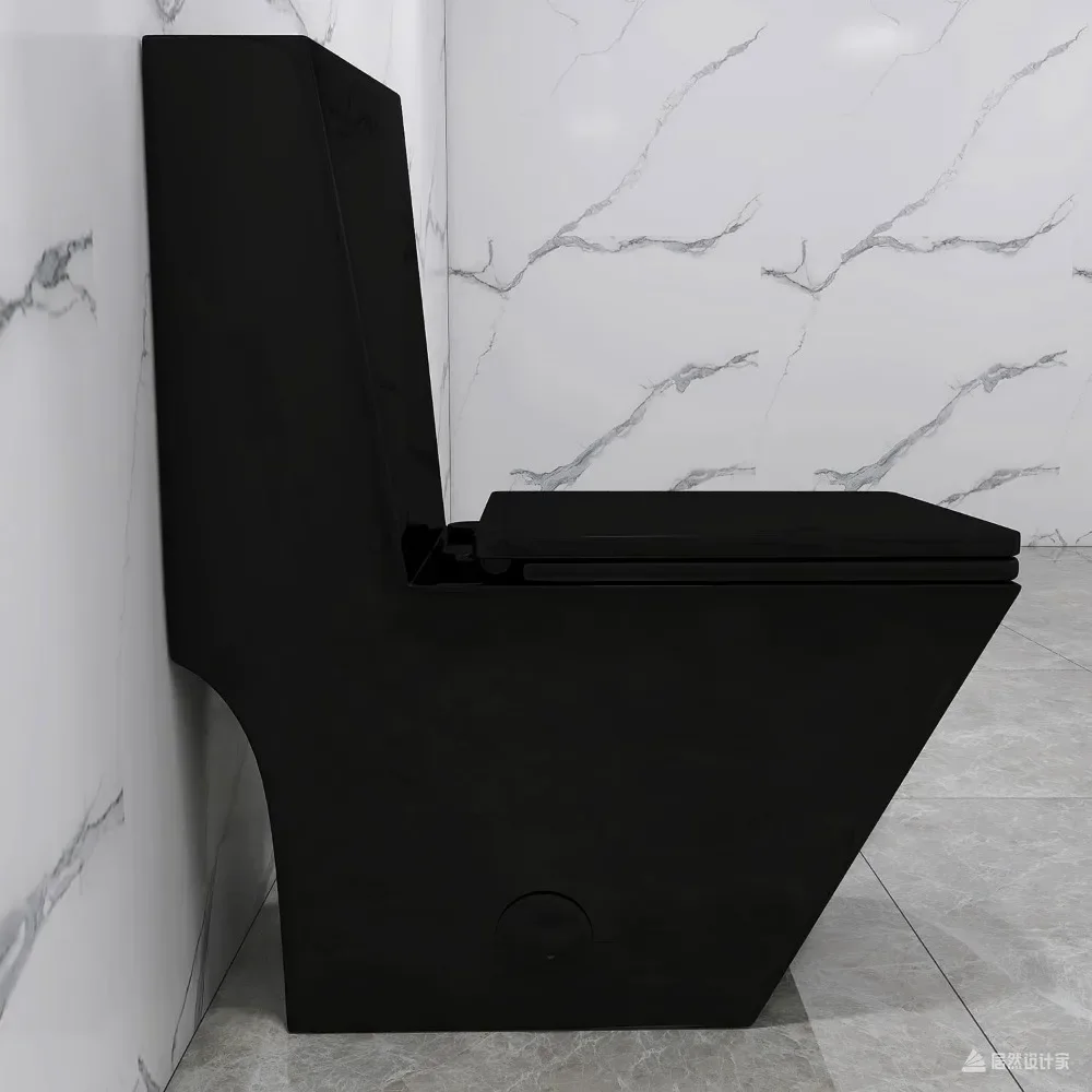 Square One Piece Toilet Black With Gold Button For Modern Bathroom, Diamond-Shaped Sleek Design Elonagted Rectangle Glossy Black 5