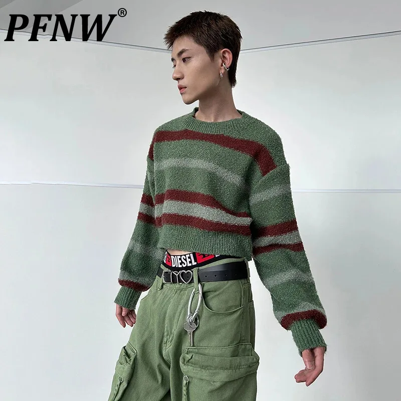 

PFNW Niche Design Striped Stitching Color Men's Sweaters Short Knitswear Male Casual Pullovers 2023 Autumn Stylish New 28W2080