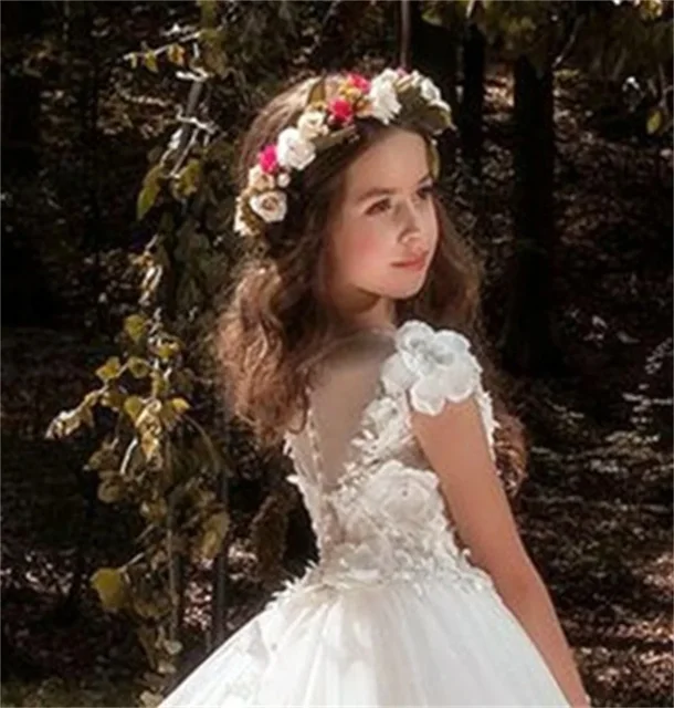 Elegant White Flower Girl Dresses For Wedding Tulle Butterfly 3d Applique Kids Birthday Party Pageant Dress First Communion Gown 4