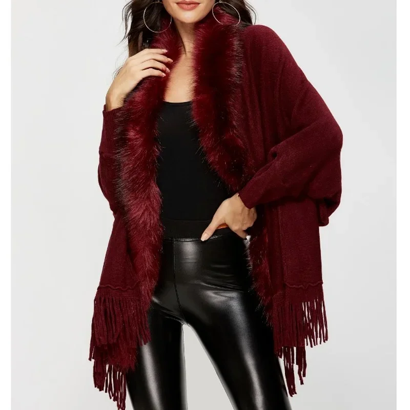 Artificial Fur Collar Shawl Cardigan Women's Autumn and Winter Sweater Coat Cloak Mid-length Loose Irregular Knitted Ladies Coat women faux fur shawl coat thickened warm coldproof cape coat women s autumn winter solid color artificial fur shawl for formal