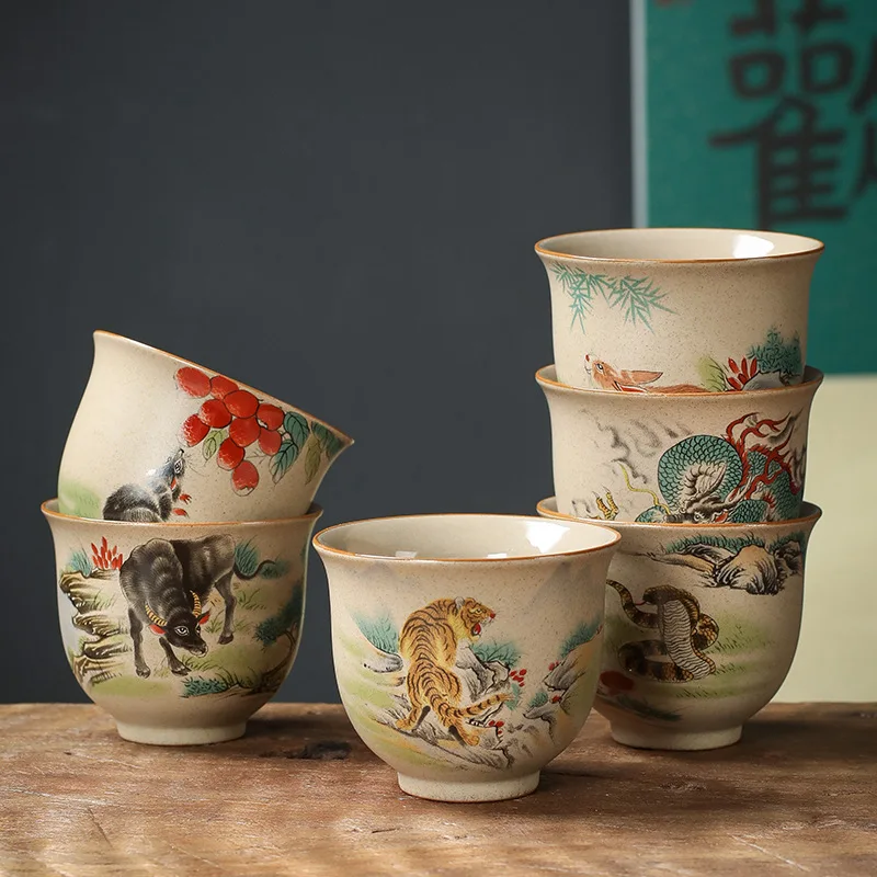 Retro Coarse Pottery Tea Ware Twelve Zodiac Teacup 130ml Chinese Kung Fu Tea Bowl Creative Animal Pattern Espresso Coffee Cup coffee cup tea cup