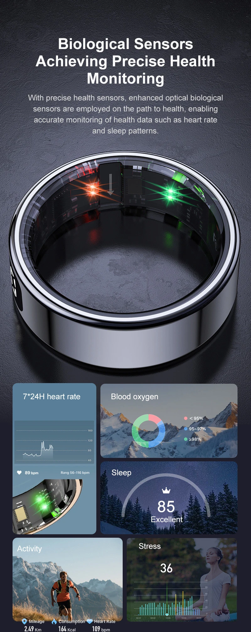 R12 Smart Ring Touch Screen Health Manager Heart Rate/Blood Oxygen Monitor Wireless Charging Waterproof for Universal