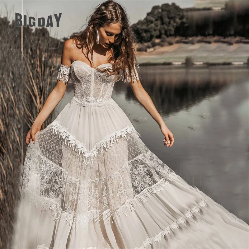 Vestido De novia elegante De línea a para mujer, espalda abierta, hombros descubiertos, escote Corazón, encaje, bohemio, tren De barrido