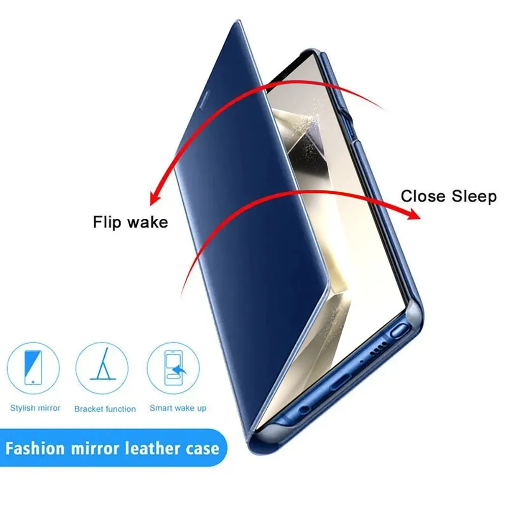 Sleek Plating Mirror Smart View Leather Flip Phone Case with Anti-Fall Protection