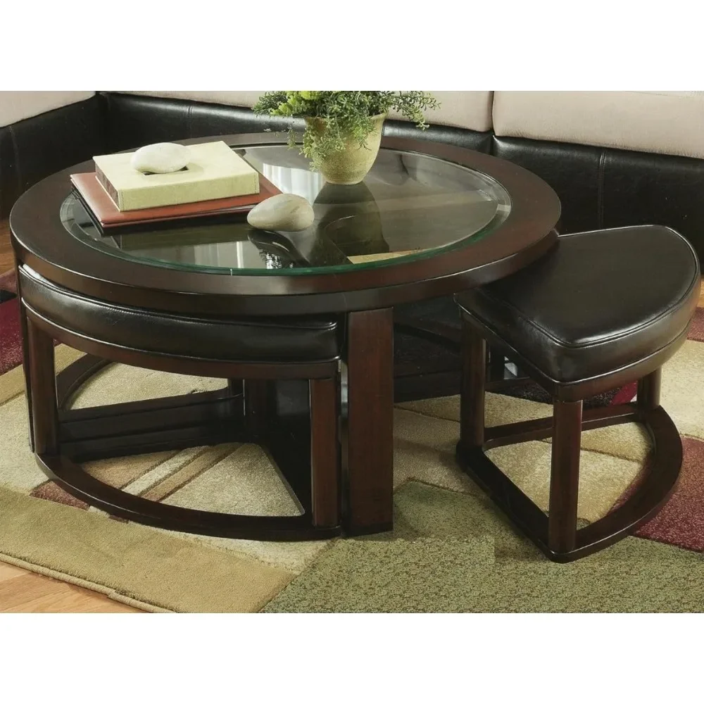 New Solid Wood Glass Top Round Coffee Table With 4 Stools Living Room Chair Espresso Leather Crust Chair Chairs Cafe Café