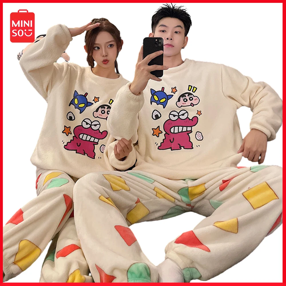 

New Miniso Crayon Shin-Chan Flannel Pajama Women Set Y2K Cartoon Home Furnishing Winter Warm Casual Couple Pajamas Festival Gift