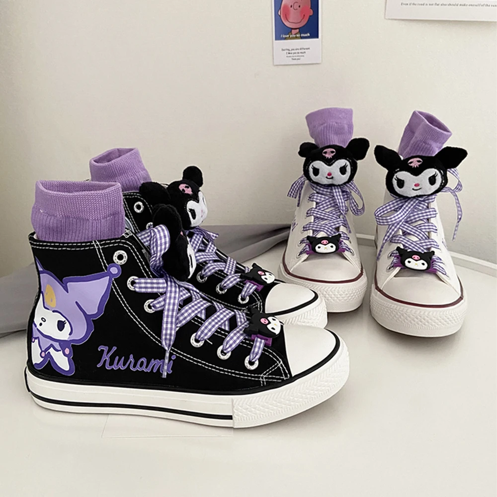

Kawaii Kuromi высокие оригинальные холщовые ботинки аниме мультфильм Keroppi Симпатичные Резиновые Нескользящие Jk студенческие японские кроссовки подарок для пары