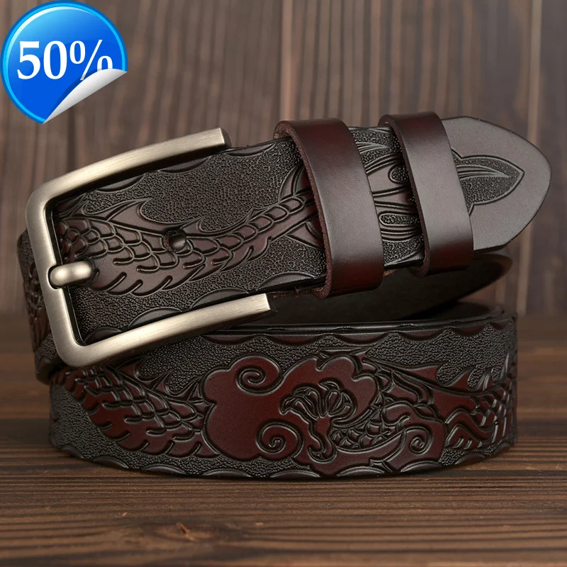 

Ремень мужской из натуральной кожи, дизайнерский винтажный с принтом дракона и пряжкой с язычком, роскошный модный