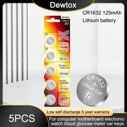 Pile au lithium 3V pour montre, horloge, télécommande, pile bouton, 5 pièces, 125mAh, CR1632, 1632, ECR1632, DL1632, BR1632