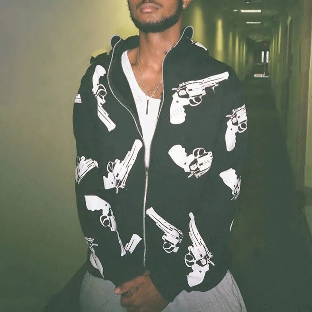 American Street Hip-Hop Rock Tatoo Hooded Jacket For Men 2023 Autumn And Winter Loose Lazy Style Plus Velvet Y2k Cardigan Jacket
