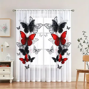 Tende trasparenti con farfalla rossa nera per soggiorno, camera da letto, finestra della cucina, tenda in tulle trasparente, drappo in voile, decorazioni per la casa 1