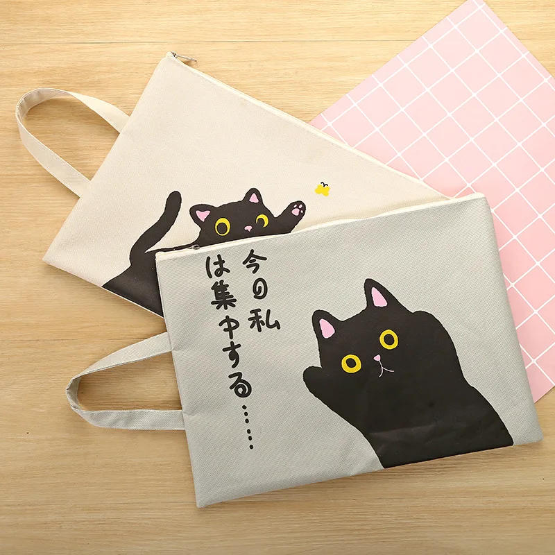 1 Pcs Cute Cartoon Cat Zipper Document Bag Kawaii Student Oxford Cloth Storage Bag Supplies Escolar Portable File Papelaria