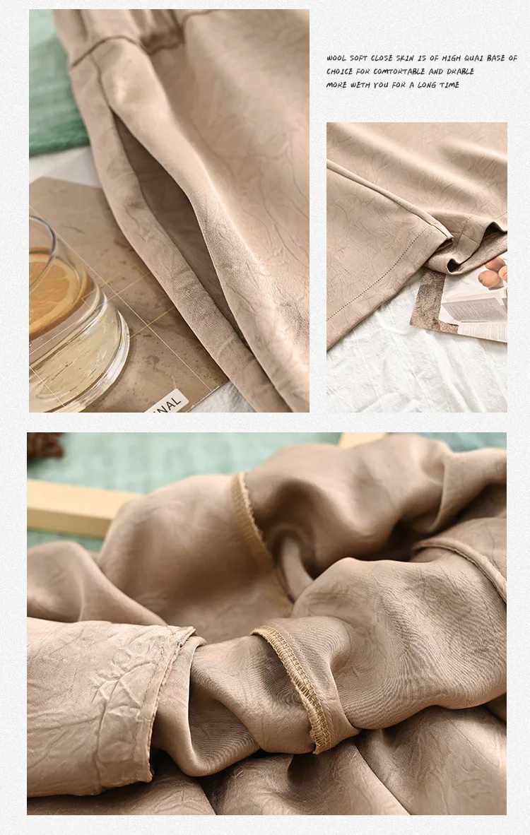 New Chinese Style Women Summer Thin Faux Acetate Wide Leg Pants Women Fall High Waist Slim Straight Lean Casual Pants