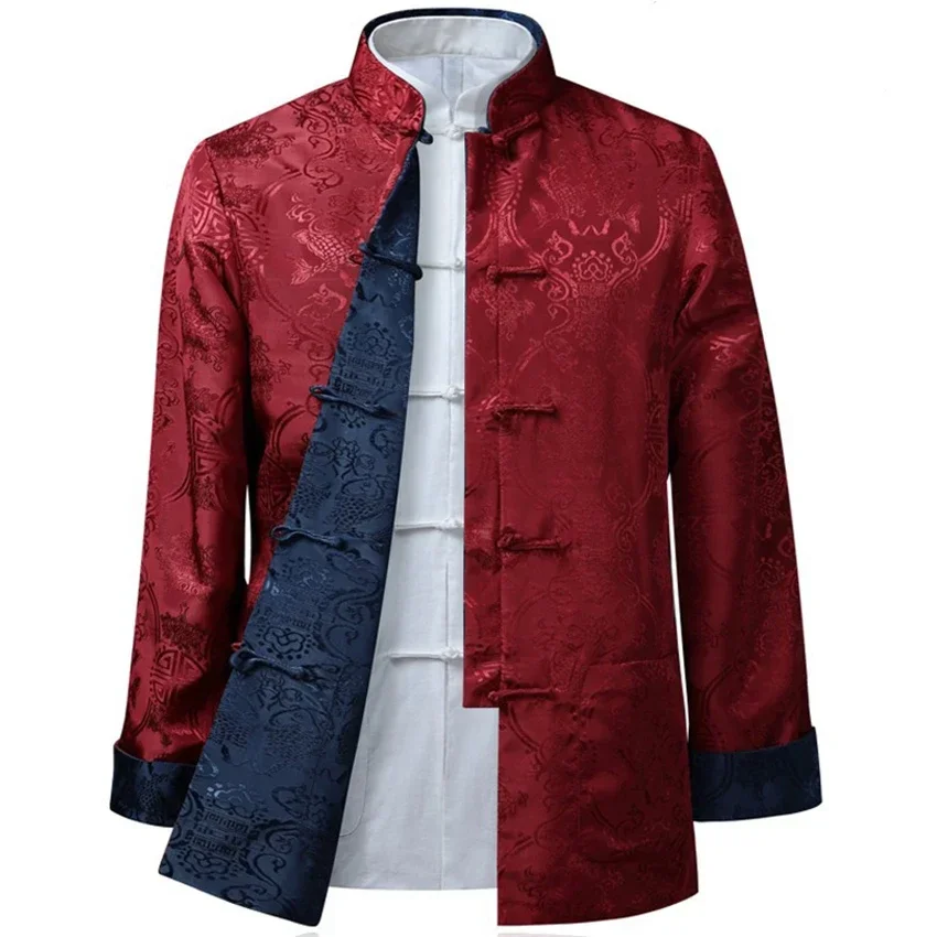 Men Chinese Style Shirt Tang Suit Chinese Jacket Silk Kungfu Cheongsam Top Hanfu Men