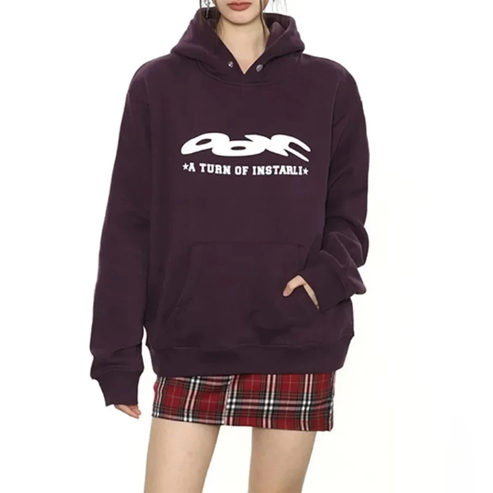 2023 Winter Women's Vintage Long Sleeve Letter Print Sweatshirts American Retro Hooded Warm Female Fashion Loose Fit Top