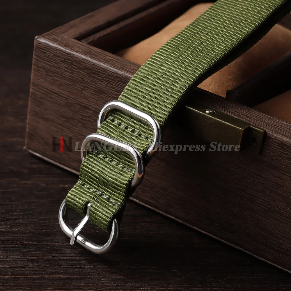 Ribbed Nylon Military-Style Watch Band with Ring Buckle - Army Green