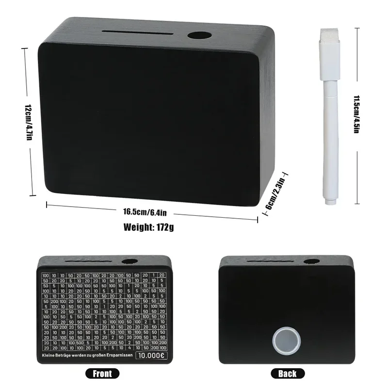 Elegant Black Wooden Piggy Bank with Digital Counter and Savings Goals