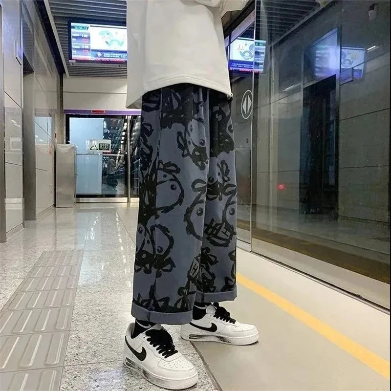 

Casual Pants Women Spring Summer Loose Wide Leg Elastic High Waist Oversize Straight Trouser Japanese Design Cartoon Print Pants