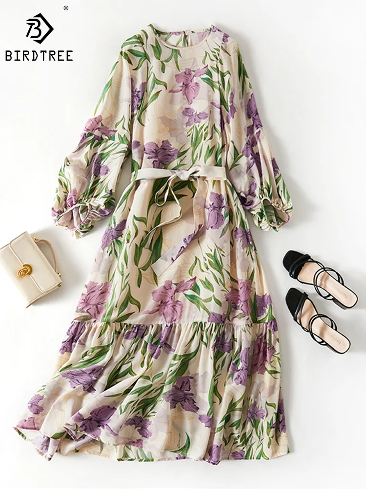 

Birdtree Autumn 100%Pure Mulberry Silk Dress With Sash O Necks Flower Printing Elastic Waist Long Sleeve Beach Maxi D36305JM