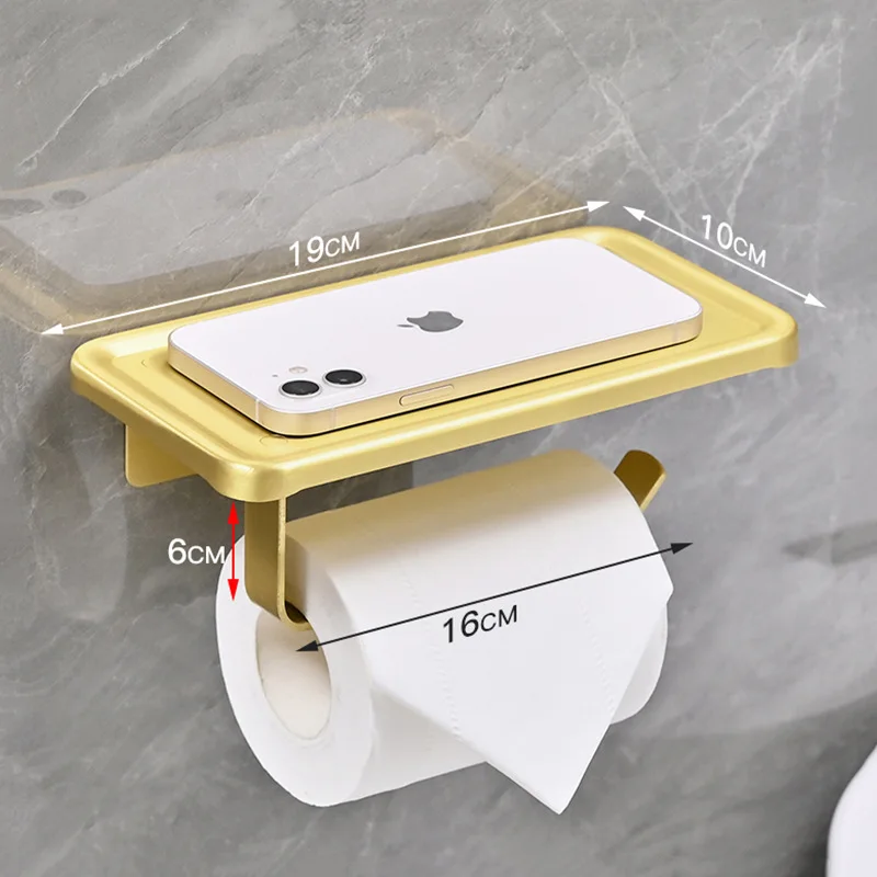 Space Aluminium Gold Toilet Paper Holder 1PC Bathroom Phone Storage Roll Paper Holder Punch/No Punch Wall Mounted Bathroom Shelf