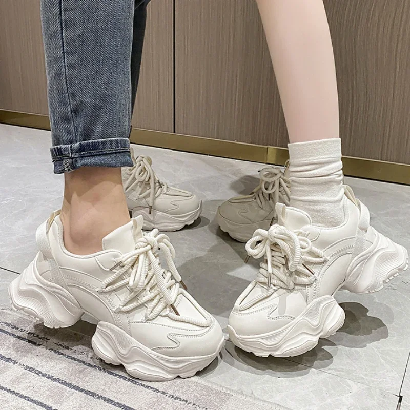 

New Fashion High Platform Sneakers Women Spring Autumn Lace Up Comfort Ventilate Wedges Height Increasing Shoes Footwear 2024