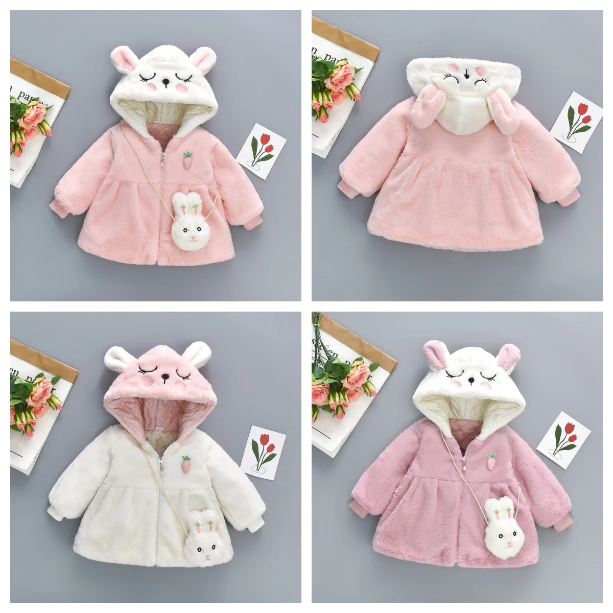 Winter Artificial Fur And Cotton Girls' Coat 2-Piece Set Of Children'S Cartoon Hooded Zipper Filled Cotton Coat+Rabbit Bag