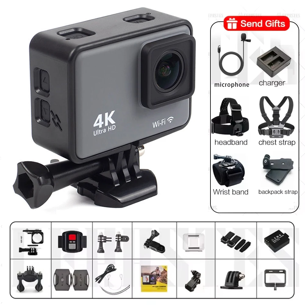 thumbnail image 1 of Cámara de acción CERASTES 4K60FPS WiFi cámara de acción antivibración con pantalla de Control remoto cámara deportiva impermeable grabadora de unidad, 1 of 4