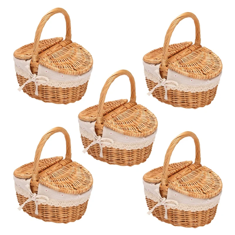 

5X Handmade Wicker Basket With Handle, With Double Lids, Shopping Storage Hamper Basket With Cloth Lining
