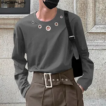 INCERUN 2023 남성 티셔츠, O넥 긴팔, 할로우 아웃 스트리트웨어, 레저 남성 의류, 패션 캐주얼, 5XL