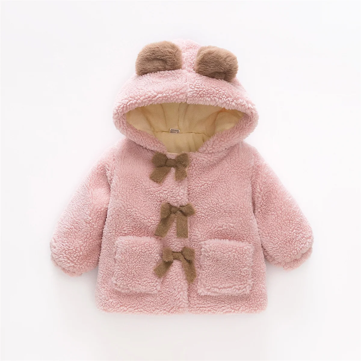New Winter Girl's Coat Furry Hooded Bear Ears Bow Ribbon Warm Cute Girl Coat Button Long Sleeve Warm (0-3 Years Old)