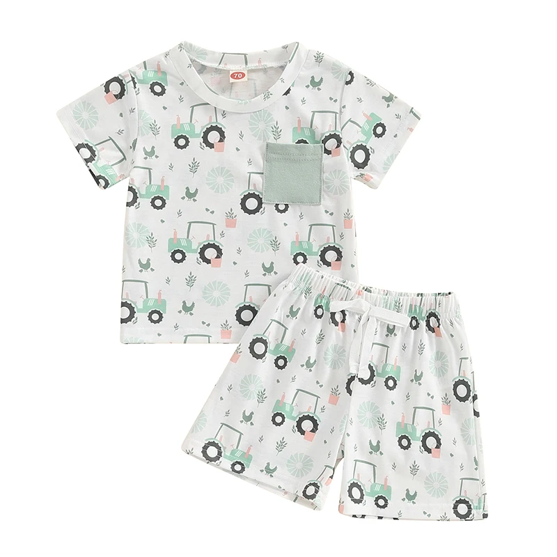 2Pcs Baby Boy Summer Outfits Short Sleeve Farm Print Tops Shorts Set Toddler Clothing