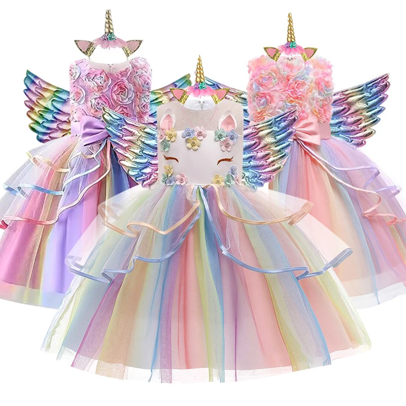 3pcs Baby Girls Dress Pastel Rainbow Princess For Summer Birthday Party Dress Unicorn Cosplay Perform Children Costume,girls dress,princess costume,kids clothes,children dance suit