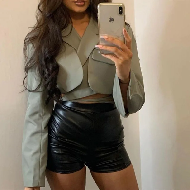 

Women Indie Sexy Short Crop Top Blazers Solid Colors Buttonless Bandage Cottagecore Suit 2023 Spring Autumn New Fashion Blazer