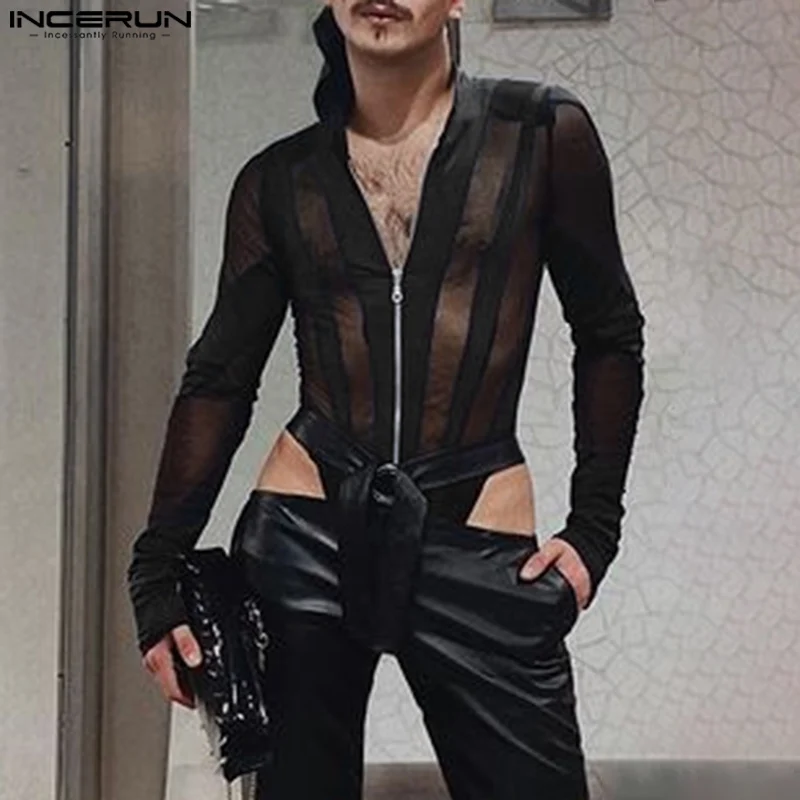INCERUN American Style Bodysuits New Men Stylish Sexy Jumpsuit Male Leisure Loungewear Spliced Zipper Long Sleeved Rompers