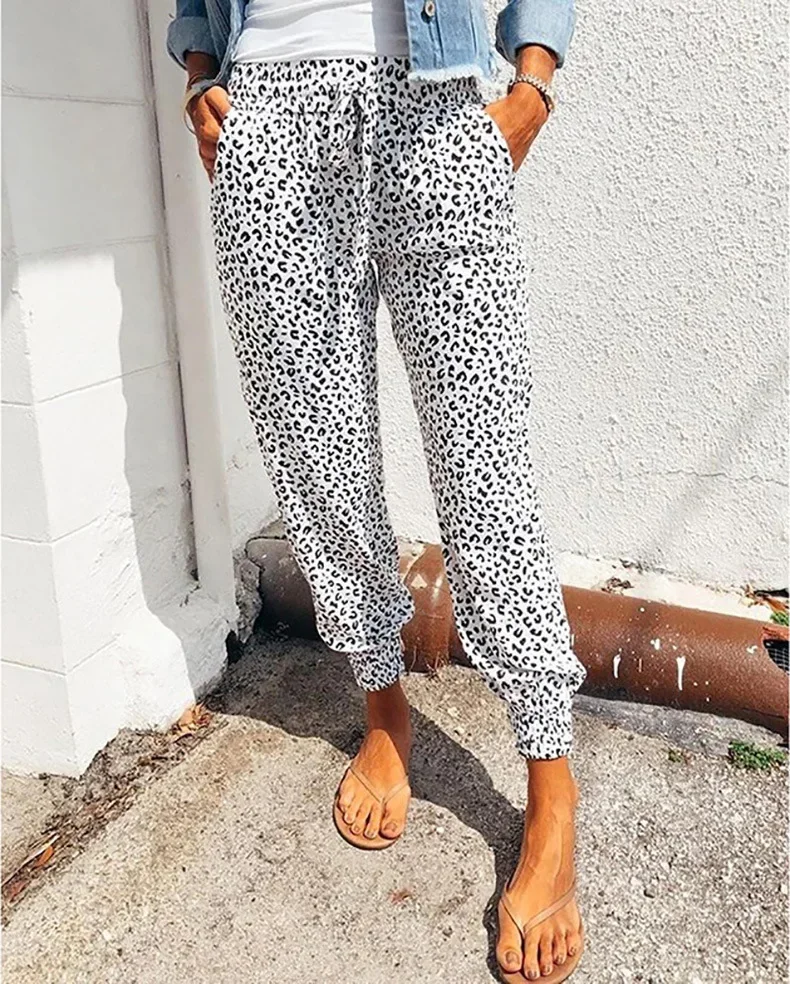 Women's Leopard Print Lace Up Casual Pants, Loose Leggings, European and American, Summer, New, 2023