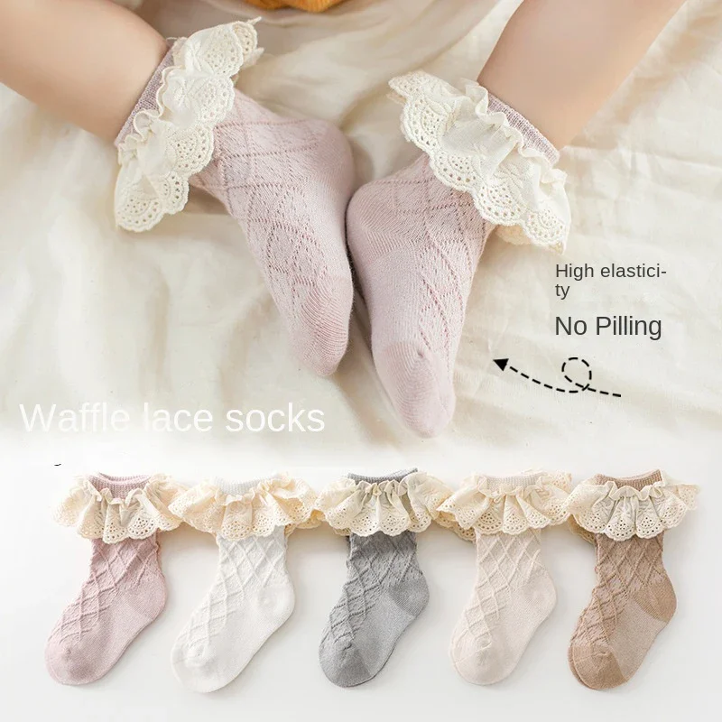 Baby Girl Socks Newborn Stuff Spring Autumn Children Cartoon Socks Lace Cute Cotton Mid-tube Solid Color Kids Clothing 0-5