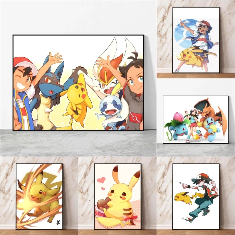 

Anime Character Pictures Pokemon Ash Ketchum Pikachu Living Room Wall Art Home Kid Action Figures Modular Painting Gifts