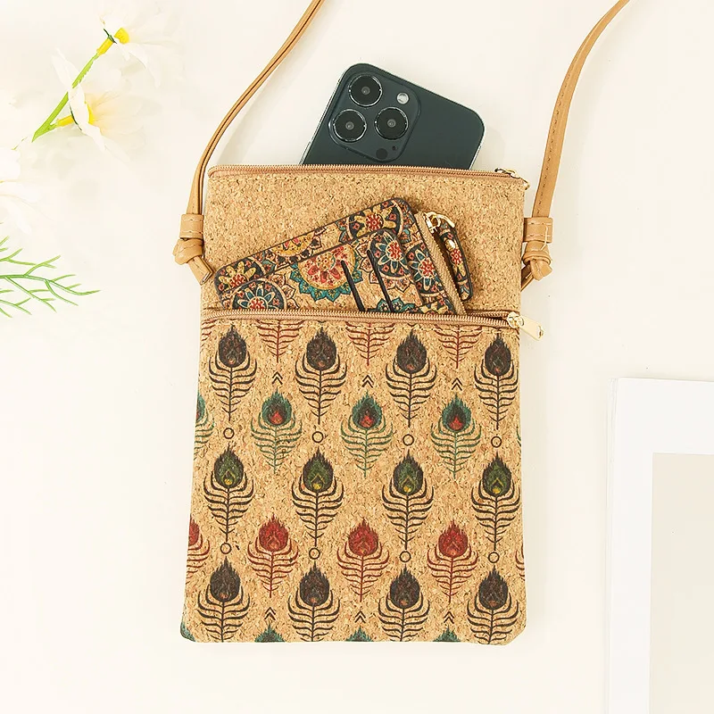 Women's Vintage Print Mobile Phone Bag Wallet Large Capacity Cork Shoulder Crossbody Bag Fashion Phone Pouch Card Holder Purse