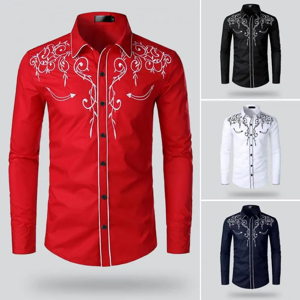 

Shirt Top Embroidered Slim Fit Western Cowboy Shirt Lapel Collar Single-breasted Long Sleeve Stylish Men's Casual Top for A