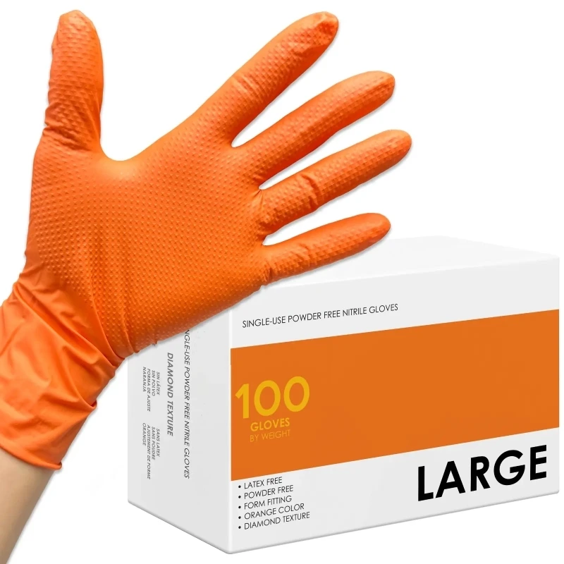 nitrile disposable gloves 8Mil Heavy Duty Orange Nitrile Gloves Disposable Gloves Thick Raised Diamond Texture Tear-Resistant Industrial Mechanic