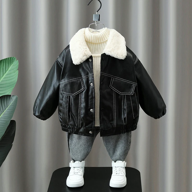Fashion Boys Leather Jacket Winter Thicken Warm Turn Down Collar Outerwear Children Handsome Fleece Lining Loose Fur Coat
