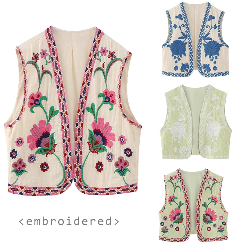 Women Vintage Floral Embroidered Open WaistCoat Ladies National Style