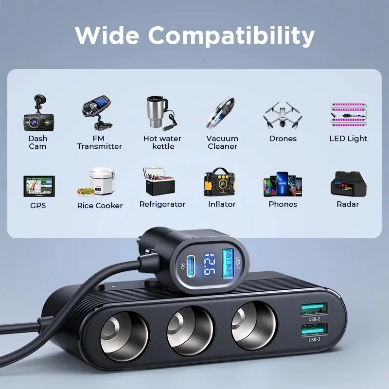 Joyroom 139W 7 in 1 car charger Adapter Fast PD QC3.0 Socket Cigarette Lighter Splitter Charge Independent Switches DC Outlet