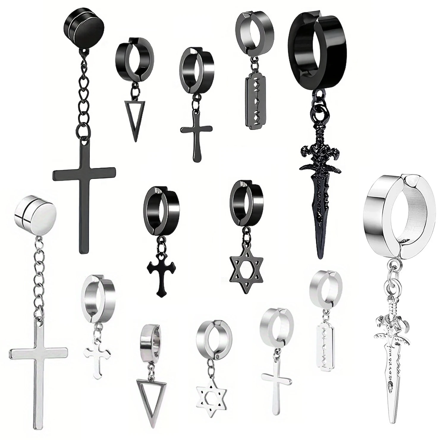 2pcs Fashionable Stainless Steel No Ear Holes Cross Ear Clip Non-Piercing Tassel Star Blade Earrings Jewelry For Men Women,ear clip earrings,clip earrings,ear clip,ear accessories