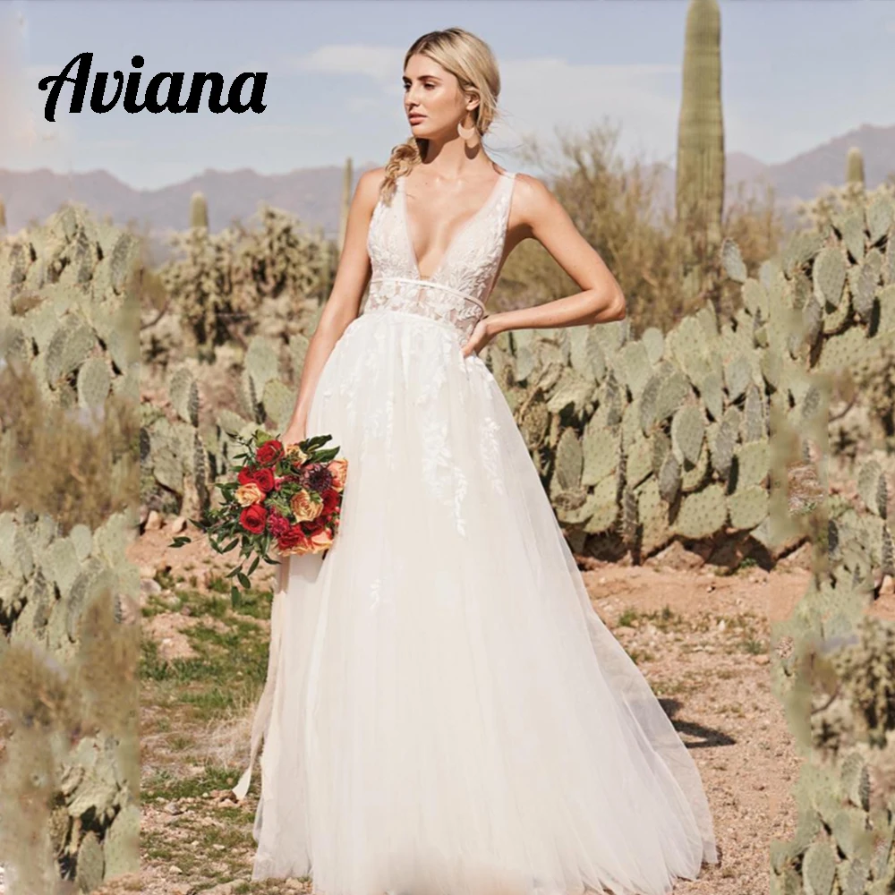 

Aviana Lace Appliques Wedding Dress Women Sexy Deep V-Neck Sleeveless Bridal Gowns Backless A-Line Vestido de novia Custom Made