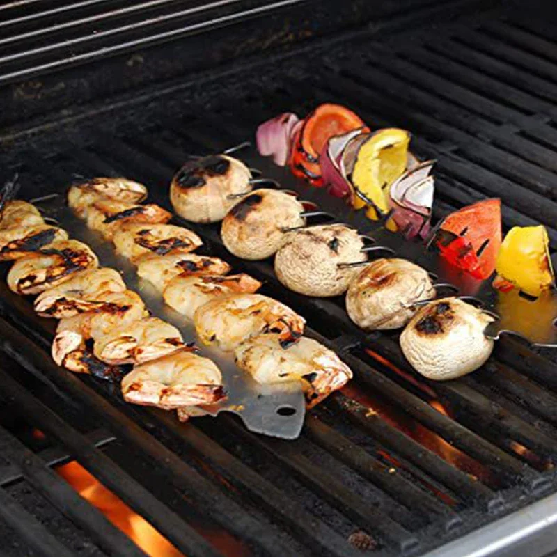 Soportes Para Brochetas De Acero Inoxidable: 4 Bases + Cepillo + Bolsa Para Barbacoa (6 Pinchos, Forma L)