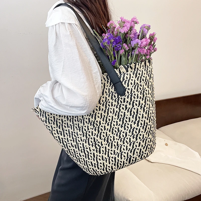 

Женская Стая соломенная сумка, праздничные вместительные сумки-тоуты, Повседневная стильная сумка через плечо с резьбой, сумка для покупок под подмышками