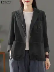 ZANZEA Vintage Corduroy Blazer Woman Long Sleeve Lapel Neck Outwear Autumn Fashion Solid Jackets Casual Street Coats Oversized